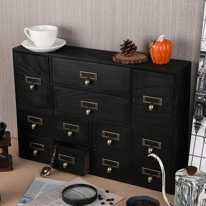 Apothecary Drawers Apothecary Cabinet with Drawers, Black | 12 Drawer Library Card Catalog, Wooden Storage Box, Wooden Desktop Organizer with Metal Handles-Fulled Assembled