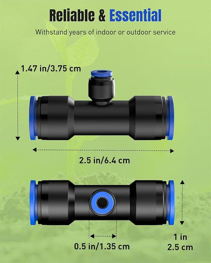Pawfly 12 Pcs Quick Connect 1/2" to 1/4" Drip Irrigation Fittings for 1/2" Tubing (0.62-0.63" OD), Push-to-Fit 3-Way Reducing Tees Reducer Tee Connectors, Anti-Leak Drip Irrigation Tee Fittings