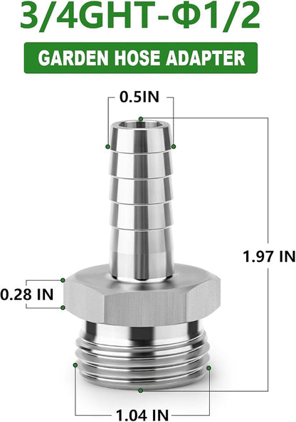 TAISHER 1PCS 304 Stainless Steel Garden Hose Repair Connector, 1/2" Barb x 3/4" GHT Male Garden Hose Adapter with Hose Clamps