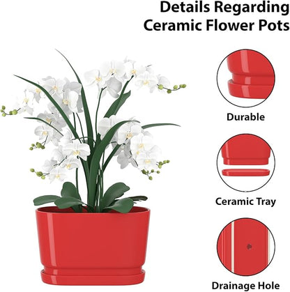 8.9" Rectangular Ceramic Planter with Drainage and Saucer, Red | Indoor Outdoor Use, 8.9"L x 4.5"W x 5.3"H, Modern Home Decor, Window Box Planter, Red Glossy Finish