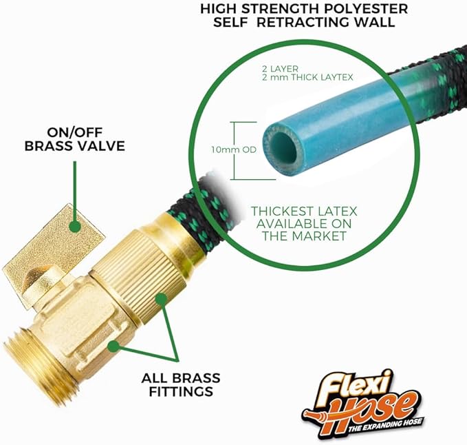 Flexi Hose with 8 Function Nozzle, 75FT - Lightweight Expandable Garden Hose, No-Kink Flexibility, 3/4 Inch Solid Brass Fittings and Double Latex Core - Black and Green