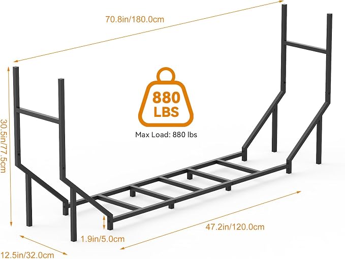 6 ft Firewood Rack Outdoor, Heavy Duty Metal Fire Wood Rack for 880LBS Capacity, 1/4 Cord Log Holder with 12 Support Legs for Patio, Porch and Indoor Fireplace