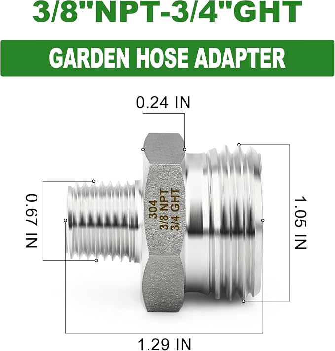 TAISHER 5PCS 304 Stainless Steel Garden Hose Adapter, 3/4" GHT Male x 3/8" NPT Male Garden Hose Connector with Washers