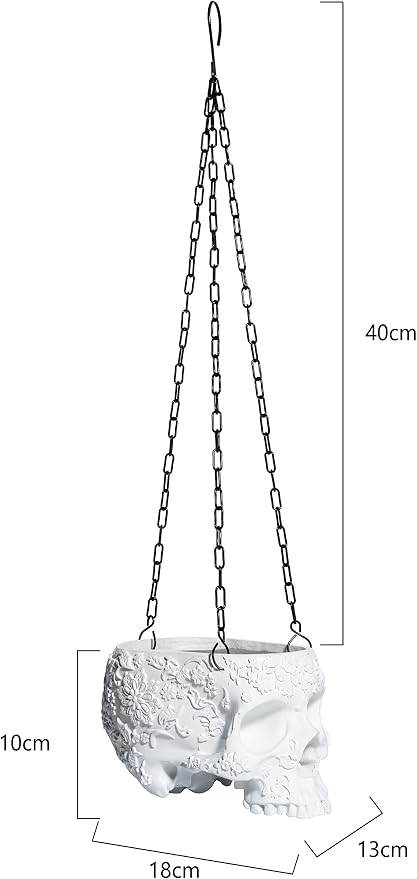 Hanging Skull Planter Pot with Chain and Hook Gothic Skeleton Candy Bowl Trick or Treat Bucket Spooky Skull Flower Pot Creepy Horror Home Decor Outdoor Indoor Garden Decoration 6 Inch White Planter