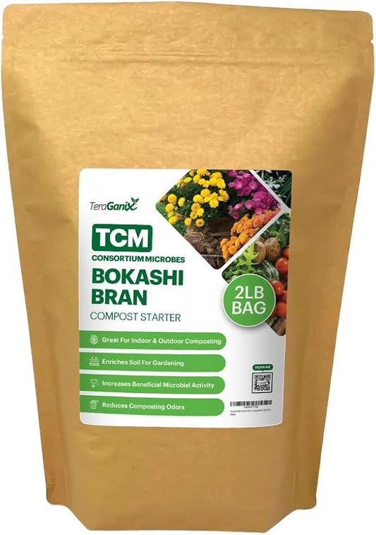 TeraGanix TCM Premium Bokashi Bran, Compost Accelerator, Rice Bran Mix, Odor Eliminator, Bokashi Compost Starter for Kitchen Compost Bin & Soil (2 Lb)