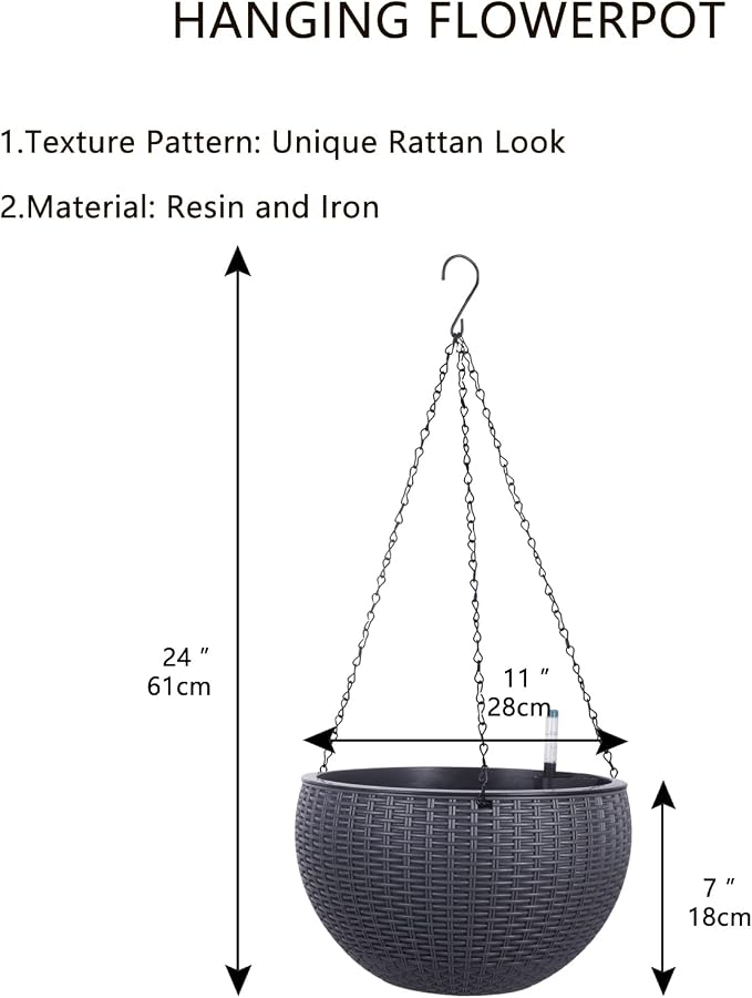 Vencer 11 Inch Round Resin Rattan Hanging Planters,Grey,VF-A15-G | Self Watering,Drain Hole,Metal Chain,Water Indicator,Indoor Outdoor