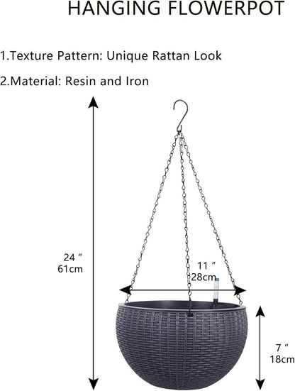 Vencer 11 Inch Round Resin Rattan Hanging Planters,Grey,VF-A15-G | Self Watering,Drain Hole,Metal Chain,Water Indicator,Indoor Outdoor
