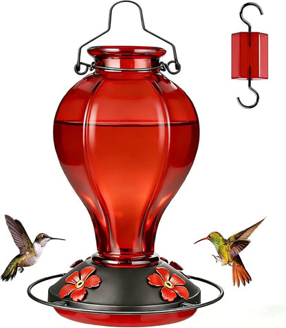 Glass Hummingbird Feeders for Outdoors Hanging, 24oz Wild Bird Nectar Feeder with Ant Moat and 360° Perch, Bee-Resistant Ports,Outside Garden Decor,Colorful Gifts for Women Mom, 1 Pack, Red