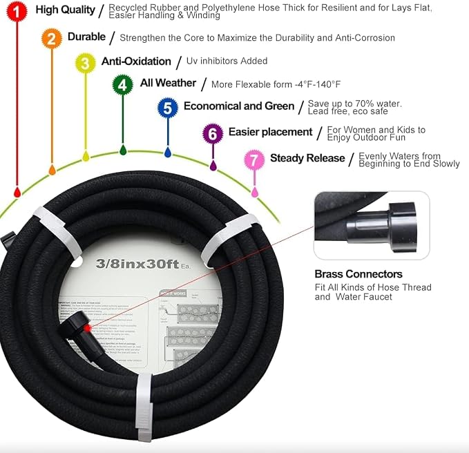 Soaker Hose 50ft -5/8 Round Rubber Garden Soaker Hoses, Heavy Duty Irrigation Drip Hose, Water Seeper Soaking Hose for Gardens, Flower Beds And Lawn Yard