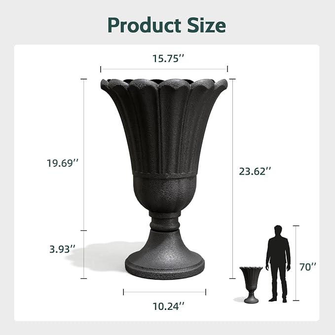 23.6" Tall Plastic Urn Planters for Outdoor Plants, Set of 2 Heavy-Duty Classic Indoor Large Flower Pots with Drainage Holes & Petal Design, Outdoor Planters for Porch, Home Garden, Black