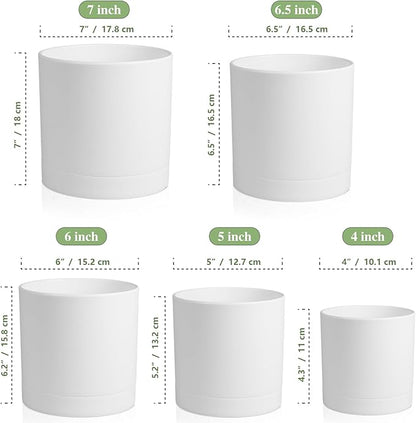 Meowell 7/6.5/6/5/4 inch Flower Pots, 5 Pack Cylinder Plant Pots for Small Indoor Outdoor Plants, Plastic Planters with Drainage Holes and Saucers for Garden Succulent Nursery House Plants, White