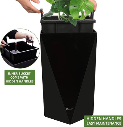 Dexceder 20 Inches Self Watering Tall Planter (Black) | Diamond High Gloss, Thickened Rhombus Large Floor Standing Flower Plant Pot with Water Level Indicator Indoor Outdoor