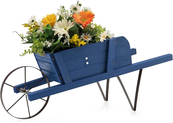 Wooden Wagon Planter, 27.5"x10.5"x11.5" Wheelbarrow Cart Plant Pot with Halloween Decoration & Mental Supports, Single Wheel Movable Garden Flower Cart Planter for Yard, Backyard (Blue)