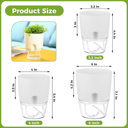 8 Pack Self Watering Pots for Indoor Plants, PlanterHoma 3.2 Inch Plant Pot Plastic Self Watering Planter for Orchid, African Violet, Mini Clear Flower Pots with Drainage Holes and Wicking Rope, White