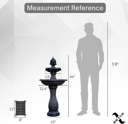 XBrand 44" Solar Powered Outdoor Fountain, Elegant 2-Tier Cascading Water Feature, Fiberglass Resin Garden & Patio Fountain with Solar Panel - Black