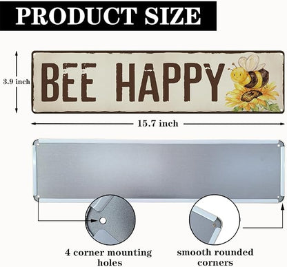 Bee Happy Garden Metal Tin Sign, Vintage Sunflower Decor, Rustic Farmhouse Garden Wall Decor, for Yard Fence Door Porch, Outdoor Gardens Decoration, Ideal for Bee Lovers, 15.7 x 3.9 Inches