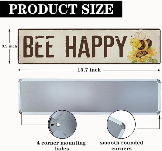 Bee Happy Garden Metal Tin Sign, Vintage Sunflower Decor, Rustic Farmhouse Garden Wall Decor, for Yard Fence Door Porch, Outdoor Gardens Decoration, Ideal for Bee Lovers, 15.7 x 3.9 Inches