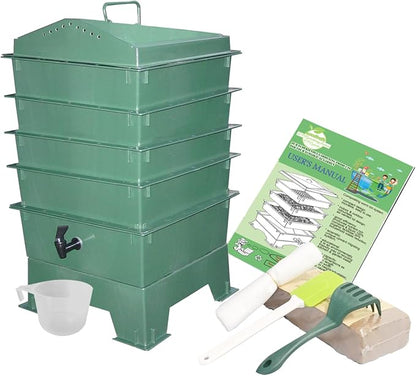 4-Tray Worm Compost Bin, Worm Composter for Outdoor & Indoor, ecocultivatify Wormie's Home, Worm Bin Set for Recycling Household Waste (Dark Green)