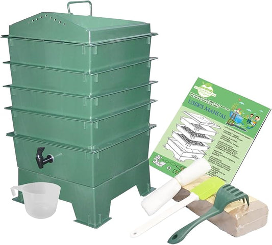 4-Tray Worm Compost Bin, Worm Composter for Outdoor & Indoor, ecocultivatify Wormie's Home, Worm Bin Set for Recycling Household Waste (Dark Green)