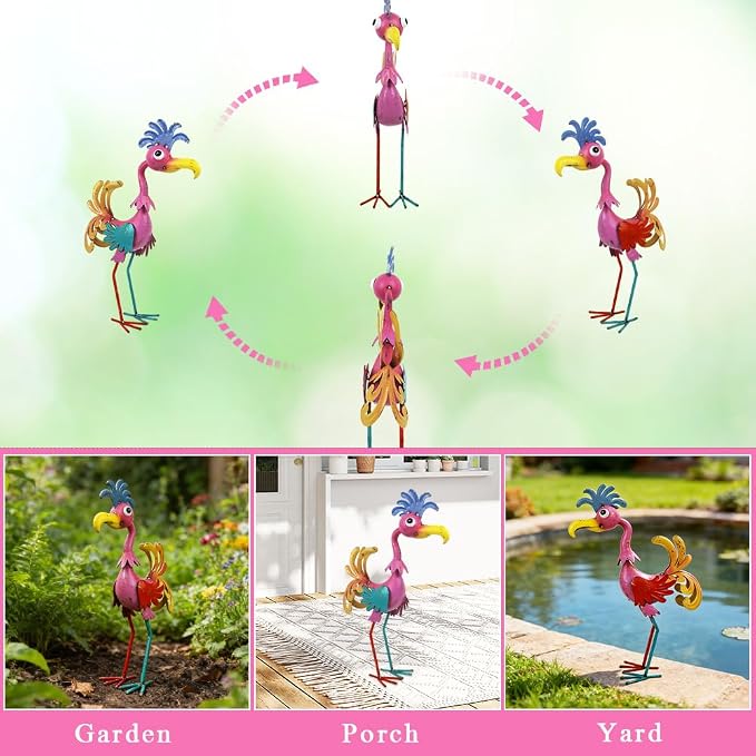 20'' Tall Metal Rooster Statue for Farmhouse, Lawn, Garden | Funny Rooster Sculpture Garden Decor, Metal Yard Art, Pink