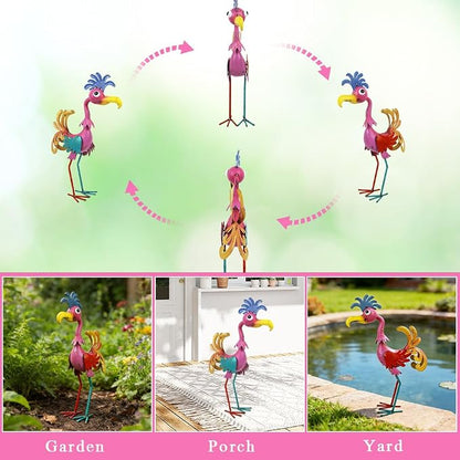 20'' Tall Metal Rooster Statue for Farmhouse, Lawn, Garden | Funny Rooster Sculpture Garden Decor, Metal Yard Art, Pink
