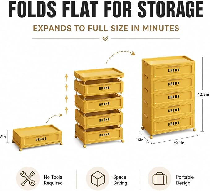 Foldable Storage Cabinet with Doors & Locking Wheels, 5-Tier Large-Capacity Organizer, No-Tool Setup, Impact-Resistant ABS Construction for Dorm, Pantry, Laundry, and Living Spaces