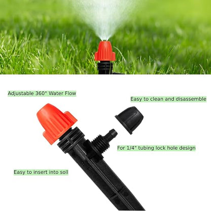 360° Adjustable Drip Spray Emitters for 1/4" Tubing, 30pcs | Drip Sprinkler Heads for Lock Barb Parts, with Stake, Drip Irrigation System
