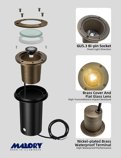 MALORY Brass Landscape Well Lights,(φ99 mm) 12V Low Voltage Outdoor In Ground Lights,Heavy Outdoor Lighting for Pathway, Driveway and Garden (Full Brass -01A, 4-Pack with Bulb)