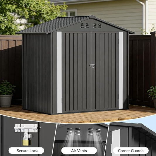 COMHOMA 6'x4' Shed Outdoor Storage Metal with Lockable Doors & Vents | Weatherproof garden utility tool house with adjustable shelving, spacious galvanized steel ventilated backyard workshop, gray