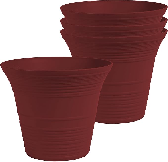 The HC Companies 7 Inch Sedona Round Self Watering Planter Pots, Lightweight UV-Resistant Plastic Indoor & Outdoor Planters, 4-Pack Flower Pots for Garden & Home Decor, Wild Red