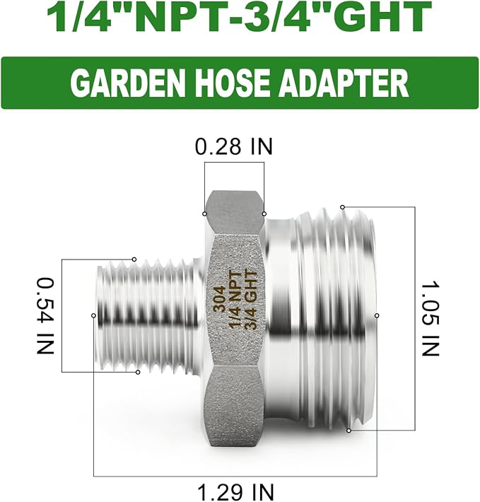 TAISHER 2PCS 304 Stainless Steel Garden Hose Adapter, 3/4" GHT Male x 1/4" NPT Male Garden Hose Connector with Washers