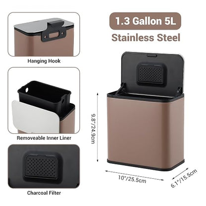 1.3 Gallon/5L Slim Stainless Steel Trash Can with Lid, Odor Control Charcoal Filter, Removable Bucket, Hanging/Wall Mounted/Standing Waste Bin for Kitchen, Bathroom, Bedroom, Office - Brown