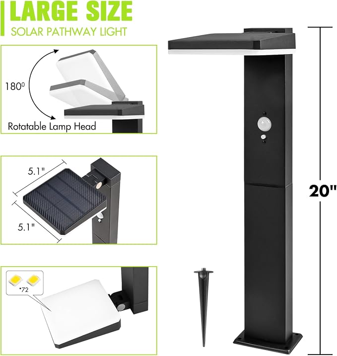 Solar Pathway Lights Outdoor 2 Pack, Larger 20" Super Bright 600LM Motion Sensor Solar Path Light, Die-Cast Aluminum 72 LED Waterproof, 3 Modes Dusk to Dawn Garden Driveway Walkway