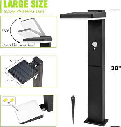 Solar Pathway Lights Outdoor 2 Pack, Larger 20" Super Bright 600LM Motion Sensor Solar Path Light, Die-Cast Aluminum 72 LED Waterproof, 3 Modes Dusk to Dawn Garden Driveway Walkway