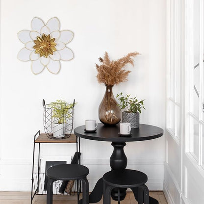 hogardeck Metal Flower Wall Decor, 16" White Gold Floral Metal Wall Art for Indoor Outdoor, Boho Farmhouse Modern Wall Decor for Bathroom, Living Room, Kitchen, Bedroom, Porch, Garden, Yard
