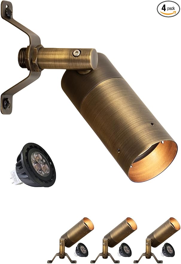 MALORY Brass Landscape Spot Down Light, Low Voltage Led Downlights Tree Light Outdoor Landscape Lighting for Yard, Garden, Lawn, Wall, Patio with 5W MR16 LED Bulb 2700K Warm White（4 Pack）