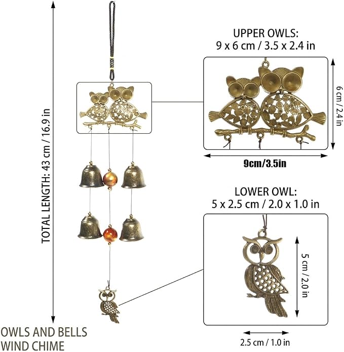 Owl Wind Chimes, 17.7 Inch Metal Garden Chimes with 4 Bells and 3 Owls, Indoor Outdoor Decorative Wind Catcher, Vintage Style (Owl)