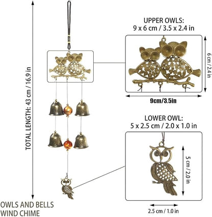 Owl Wind Chimes, 17.7 Inch Metal Garden Chimes with 4 Bells and 3 Owls, Indoor Outdoor Decorative Wind Catcher, Vintage Style (Owl)