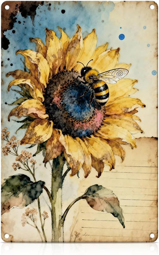 Vintage Bee Sunflower Metal Tin Sign Sunflower Wall Art for Sunflowers Outdoor Garden Farm Wall Decor