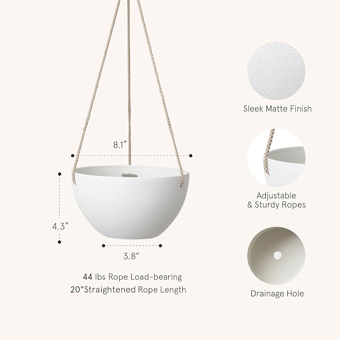 LA JOLIE MUSE White Hanging Planter Basket - 8 Inch Indoor Outdoor Flower Pots, Plant Containers W/Drainage Hole, Plant Pot for Hanging Plants, Pack 2