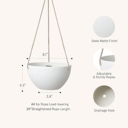 LA JOLIE MUSE White Hanging Planter Basket - 8 Inch Indoor Outdoor Flower Pots, Plant Containers W/Drainage Hole, Plant Pot for Hanging Plants, Pack 2