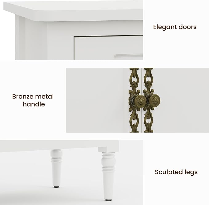 RoyalCraft Sideboard Buffet Cabinet with Storage, 59" Mid Century Modern Credenza with 4 Doors, Coffee Bar Wine Bar Storage Cabinet with Artistic Carved Handle for Living Room, Dining Room, White