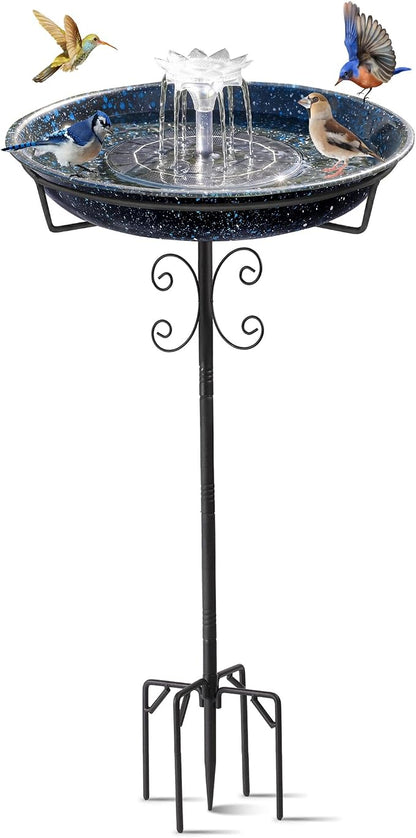 Yiabivo Solar Powered Bird Bath with Fountains for Hummingbirds,Stable Stylish Design with 5-Prong Base Stake Metal Bird Bath for Outside Yard Lawn Patio Garden(Blue)