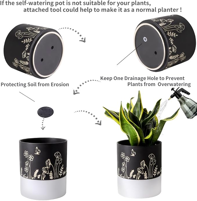 Nihow Self Watering Pots for Indoor Plants,6 Inch,Black,Hand Painting | Ceramic Planter, Drainage Hole & Water Storage Plus, Cylinder Round Flower Pot, For Succulent/Herbs/Violets