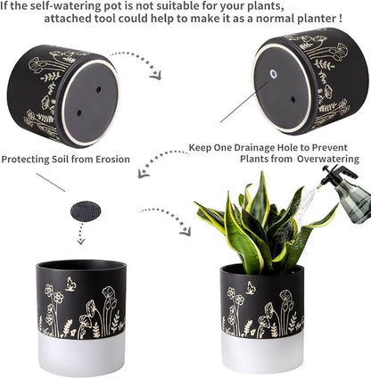 Nihow Self Watering Pots for Indoor Plants,6 Inch,Black,Hand Painting | Ceramic Planter, Drainage Hole & Water Storage Plus, Cylinder Round Flower Pot, For Succulent/Herbs/Violets