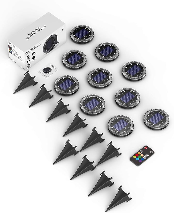 Color Changing Solar Ground Lights with Remote, IP67 Waterproof, 10Pack | 9-Color & 2 Dynamic RGB, 33ft Long Distance Remote Control, Dusk-to-dawn Light Up, Outdoor Flat Disk Light for Yard Lawn Path