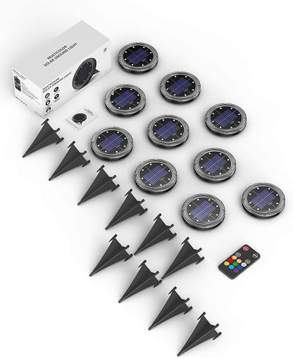 Color Changing Solar Ground Lights with Remote, IP67 Waterproof, 10Pack | 9-Color & 2 Dynamic RGB, 33ft Long Distance Remote Control, Dusk-to-dawn Light Up, Outdoor Flat Disk Light for Yard Lawn Path