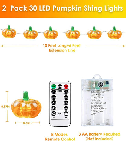 2 Pack 60LED Fall Decorations 3D Pumpkin String Lights Battery Operated, 20FT Orange Fall Lights with Remote & Timer, Waterproof 8 Modes Fairy Twinkle Light for Harvest Thanksgiving Halloween Decor
