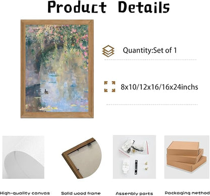 Framed Monet Wall Art, Water Lilies Pond Landscape Canvas Print, 16x24in | Vintage floral pond art in rustic wood frame for bedroom, bathroom, living room or French country decor