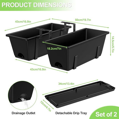 Railing Planter Box Adjustable Window Boxes Planters Set of 2, Black Hanging Balcony Planters with Removable Brackets, 17 Inch Outdoor Plastic Flower Pots for Fence, Deck Railing, Porch, Patio Garden